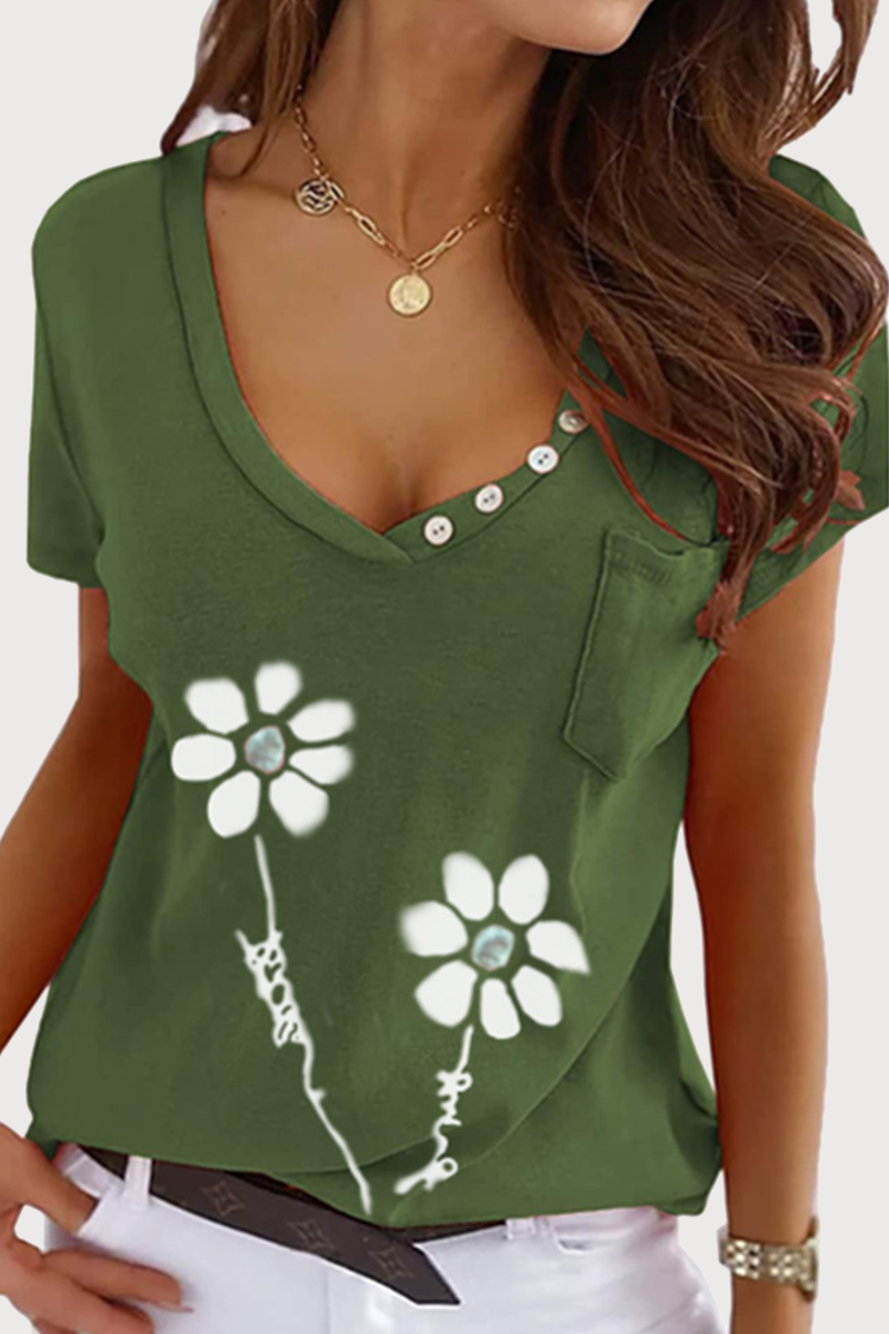 Casual Print Pocket Buckle V Neck T-Shirts