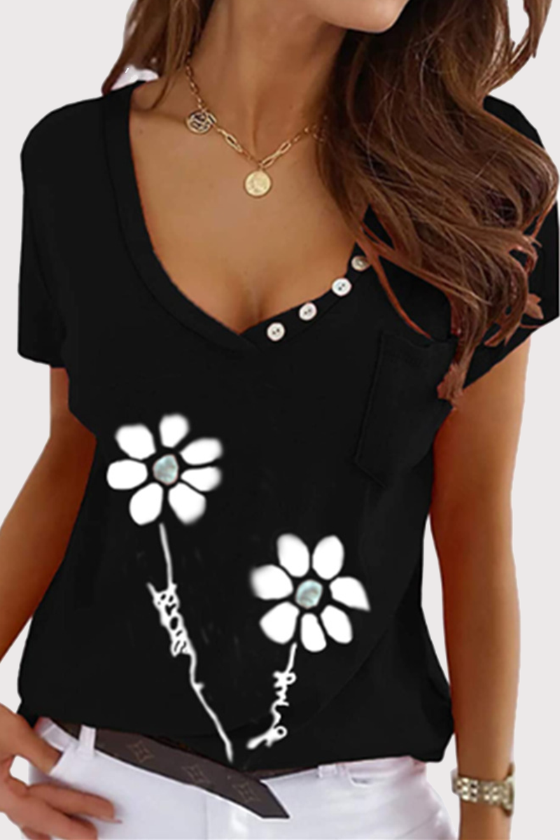 Casual Print Pocket Buckle V Neck T-Shirts