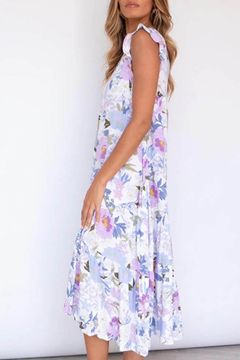 Elegant Floral Split Joint Flounce O Neck Irregular Dress Dresses