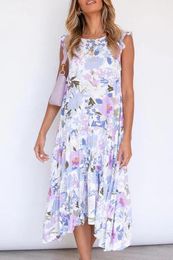 Elegant Floral Split Joint Flounce O Neck Irregular Dress Dresses