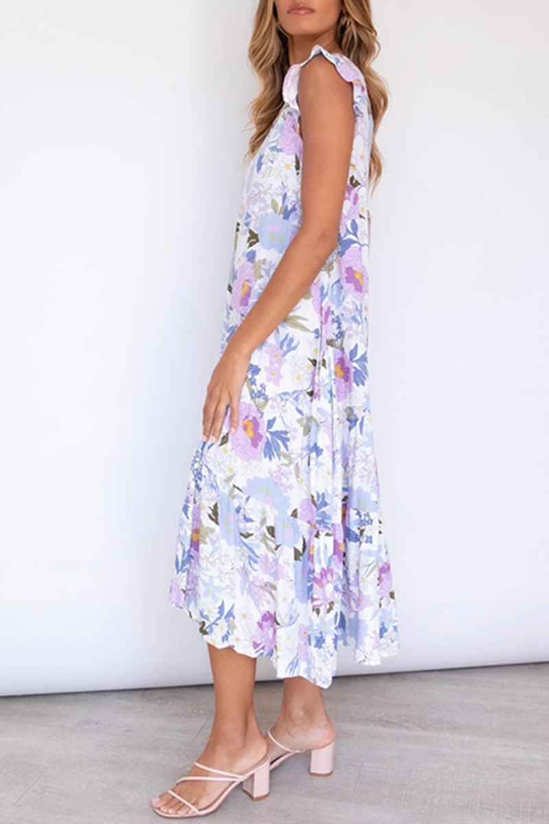 Elegant Floral Split Joint Flounce O Neck Irregular Dress Dresses