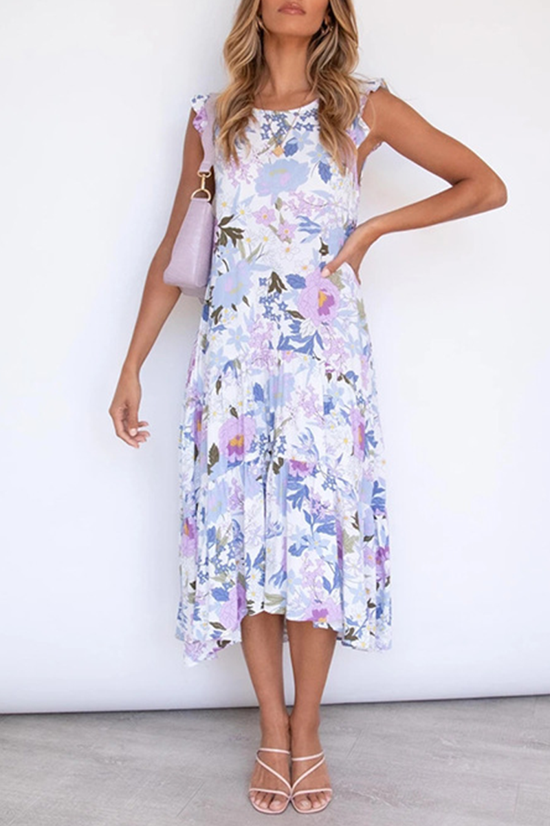 Elegant Floral Split Joint Flounce O Neck Irregular Dress Dresses