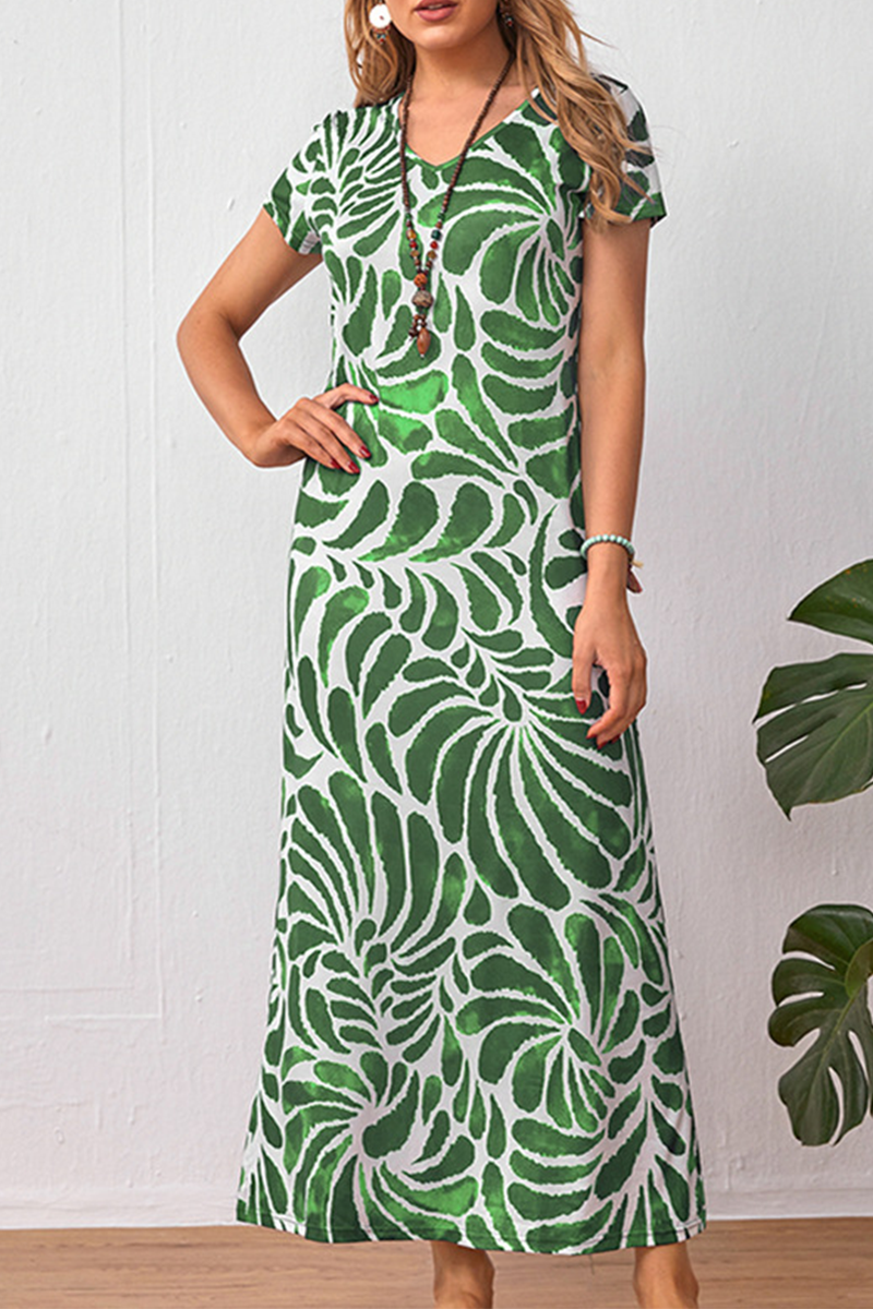 Elegant Print Split Joint V Neck A Line Dresses