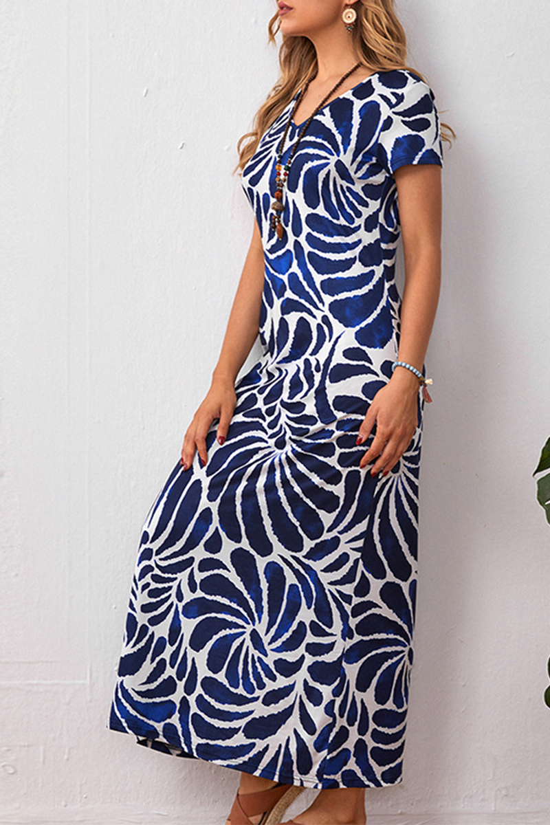 Elegant Print Split Joint V Neck A Line Dresses