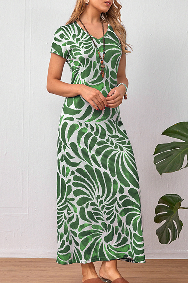 Elegant Print Split Joint V Neck A Line Dresses