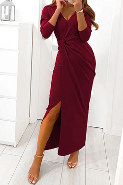 Elegant Solid Slit Fold V Neck Evening Dress Dresses