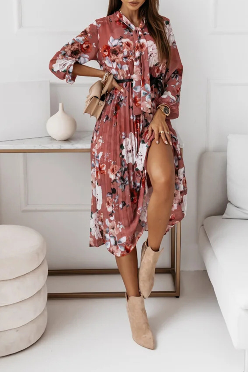 Floral Fold With Belt Ribbon Collar Pleated Dresses