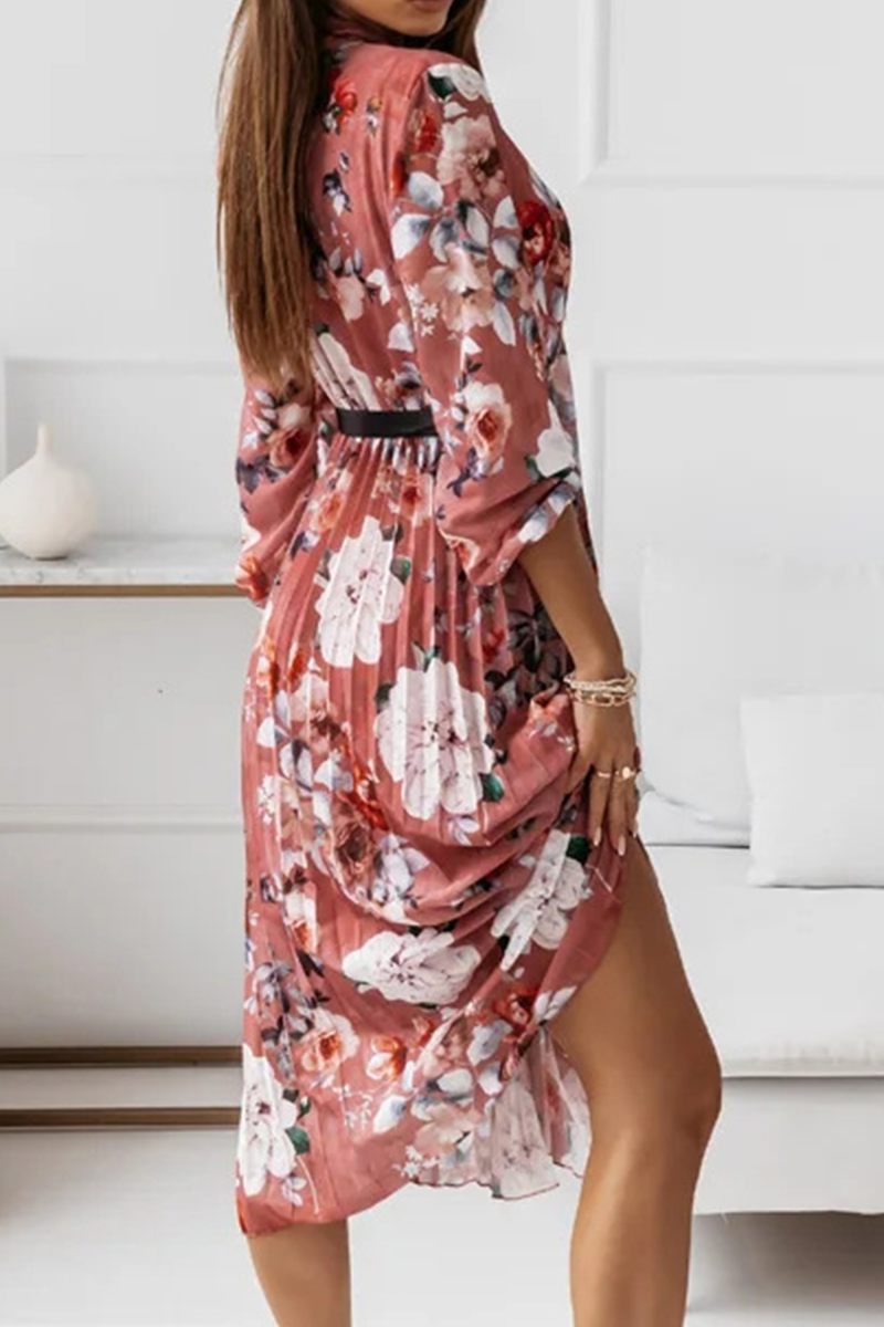 Floral Fold With Belt Ribbon Collar Pleated Dresses