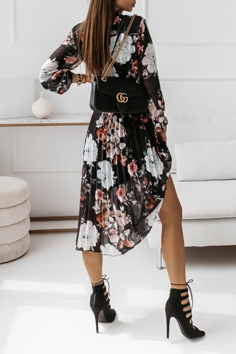 Floral Fold With Belt Ribbon Collar Pleated Dresses