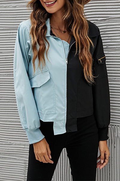 Casual Patchwork Pocket  Contrast Zipper Turndown Collar Outerwear