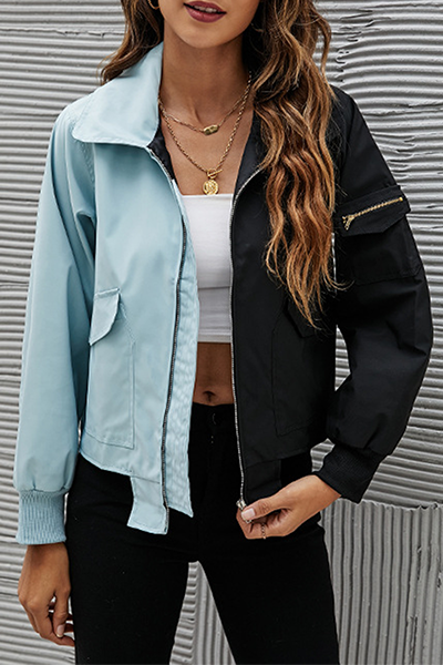 Casual Patchwork Pocket  Contrast Zipper Turndown Collar Outerwear