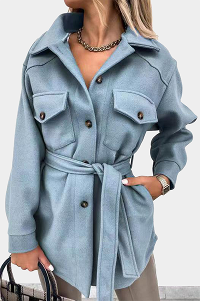 Casual Street Solid Buckle With Belt Turndown Collar Outerwear(8 colors)