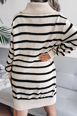 Casual Striped Split Joint  Contrast Turtleneck Dresses  (Without Belt)