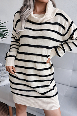 Casual Striped Split Joint  Contrast Turtleneck Dresses  (Without Belt)