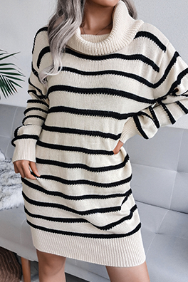 Casual Striped Split Joint  Contrast Turtleneck Dresses  (Without Belt)