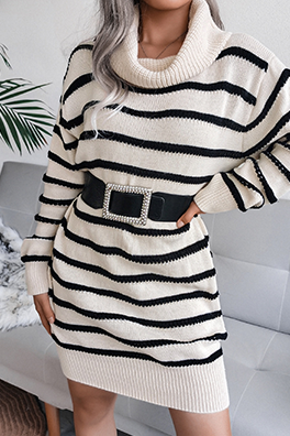 Casual Striped Split Joint  Contrast Turtleneck Dresses  (Without Belt)