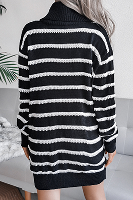 Casual Striped Split Joint  Contrast Turtleneck Dresses  (Without Belt)