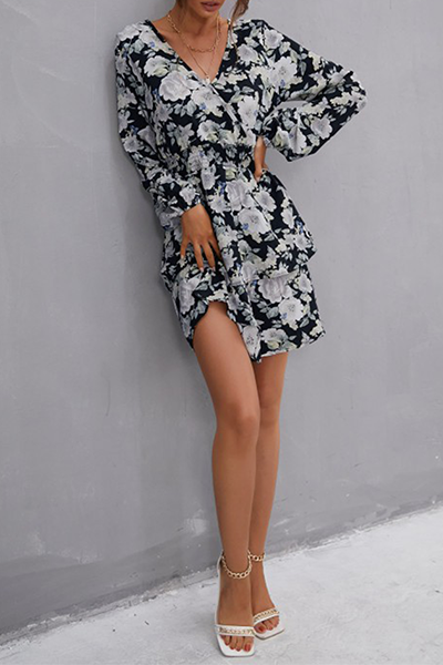 Elegant Floral Split Joint V Neck Waist Skirt Dresses