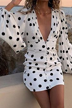 Fashion Elegant Polka Dot Split Joint Buckle V Neck Pencil Skirt Dresses