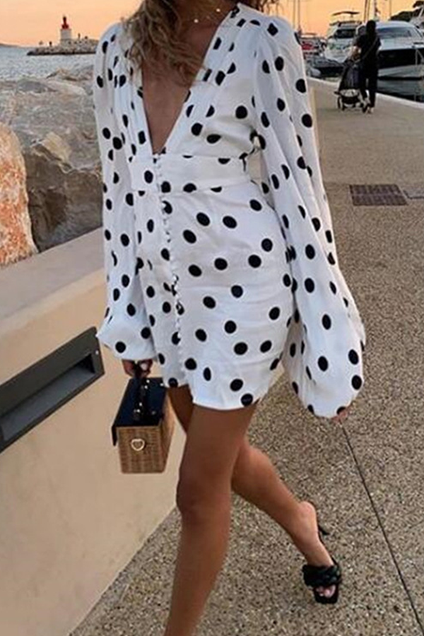 Fashion Elegant Polka Dot Split Joint Buckle V Neck Pencil Skirt Dresses