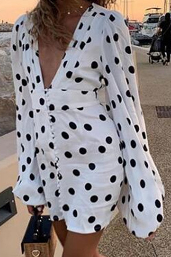 Fashion Elegant Polka Dot Split Joint Buckle V Neck Pencil Skirt Dresses