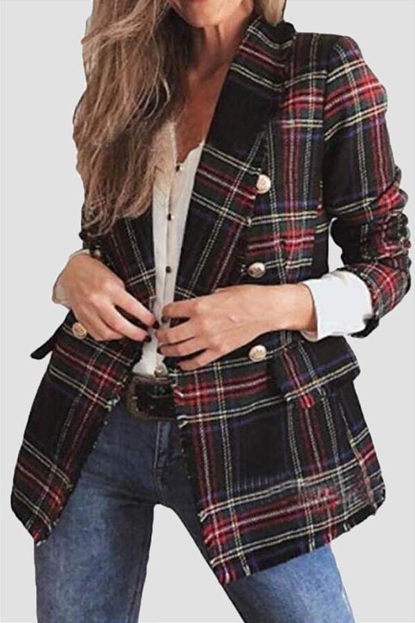 Casual Plaid Patchwork Buckle Turndown Collar Outerwear(4 colors)