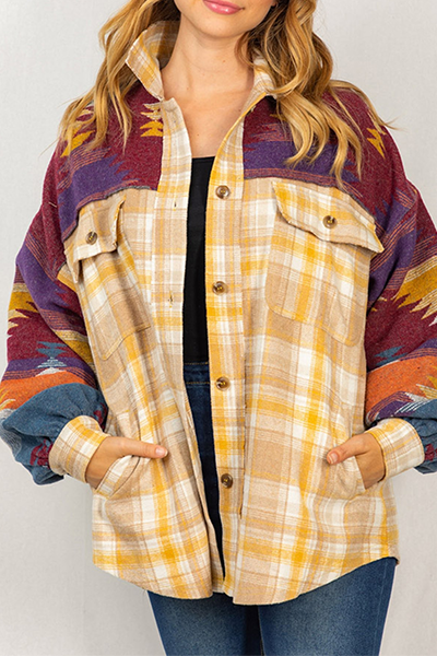 Plaid Aztec Patchwork Pockets Shacket