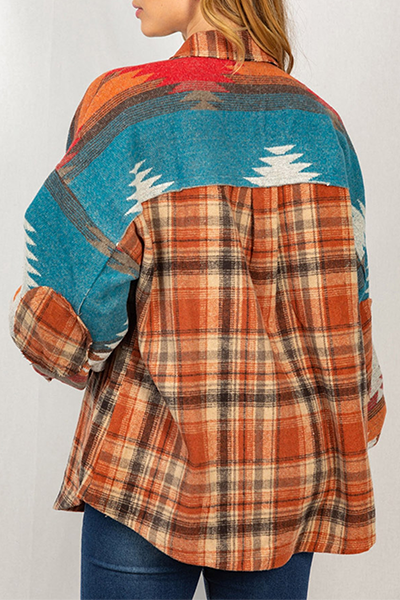 Plaid Aztec Patchwork Pockets Shacket