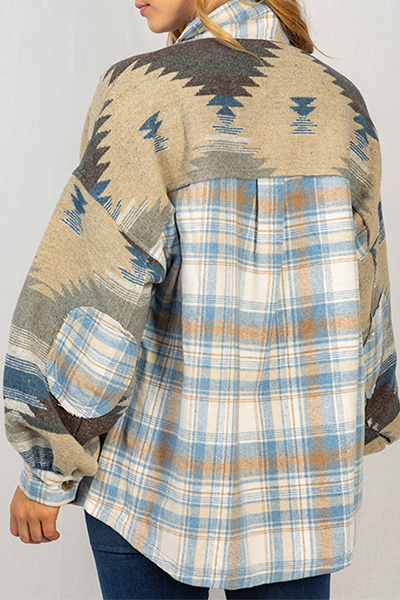 Plaid Aztec Patchwork Pockets Shacket