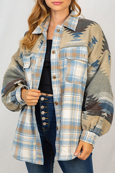 Plaid Aztec Patchwork Pockets Shacket