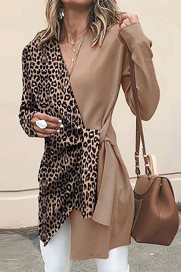 Casual Elegant Leopard Split Joint Strap Design V Neck Outerwear(4 Colors)