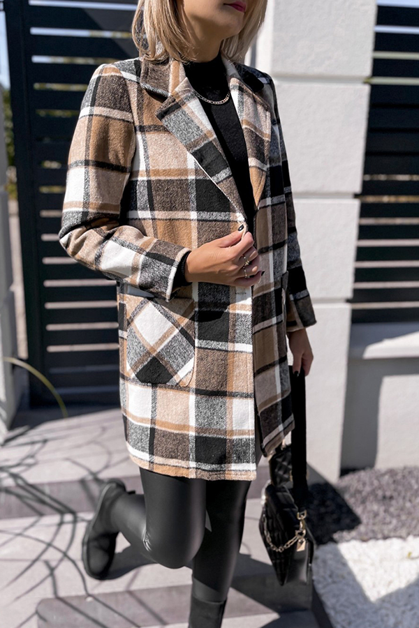 Fashion Elegant Plaid Split Joint Buckle Turn-back Collar Outerwear