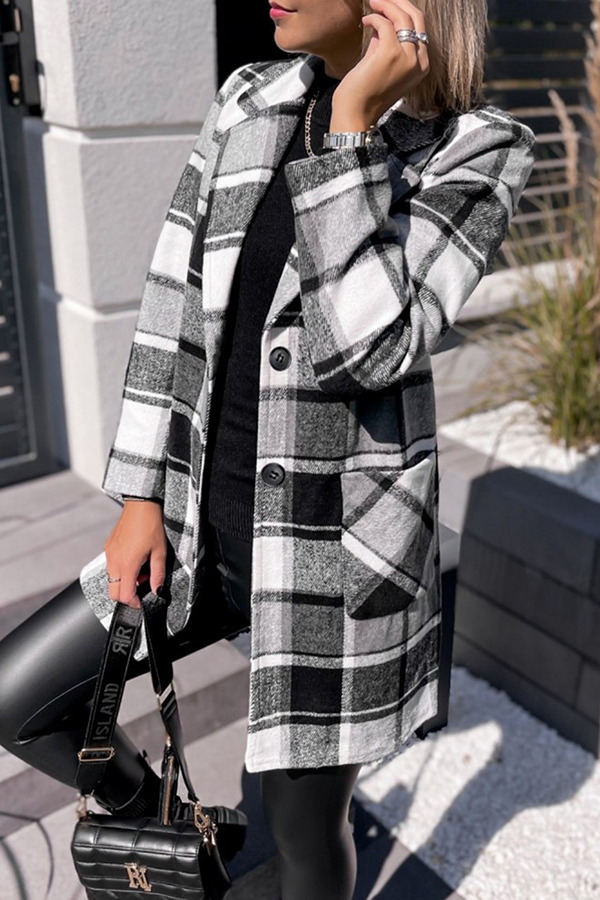 Fashion Elegant Plaid Split Joint Buckle Turn-back Collar Outerwear