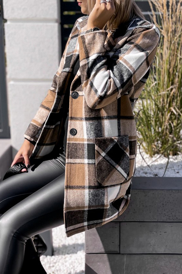 Fashion Elegant Plaid Split Joint Buckle Turn-back Collar Outerwear