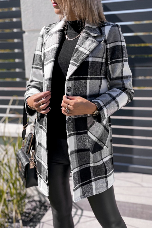 Fashion Elegant Plaid Split Joint Buckle Turn-back Collar Outerwear