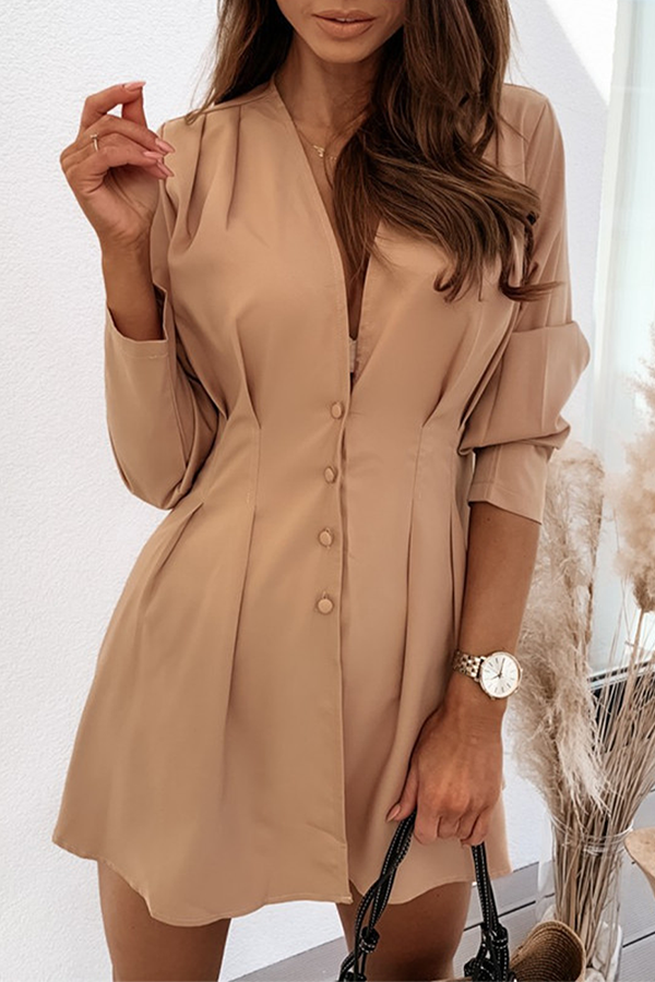 Fashion Elegant Solid Buckle Fold V Neck A Line Dresses(4 colors)