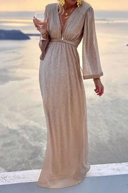 Fashion Elegant Solid Split Joint Fold V Neck Evening Dress Dresses