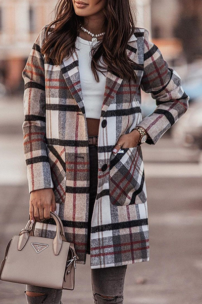 Casual Elegant Plaid Pocket Buckle Turn-back Collar Outerwear