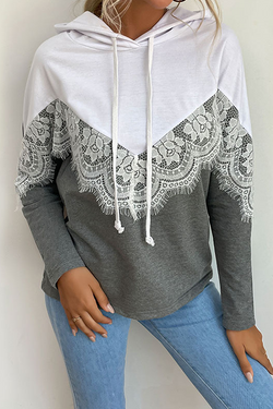 Casual Patchwork Lace Draw String  Contrast Hooded Collar Tops