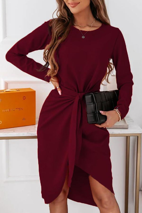 Fashion Elegant Solid With Belt  O Neck Long Sleeve Dresses£¨3 colors£©