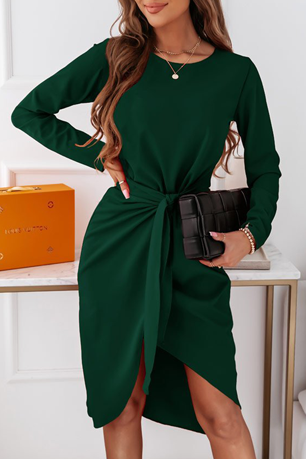 Fashion Elegant Solid With Belt  O Neck Long Sleeve Dresses£¨3 colors£©