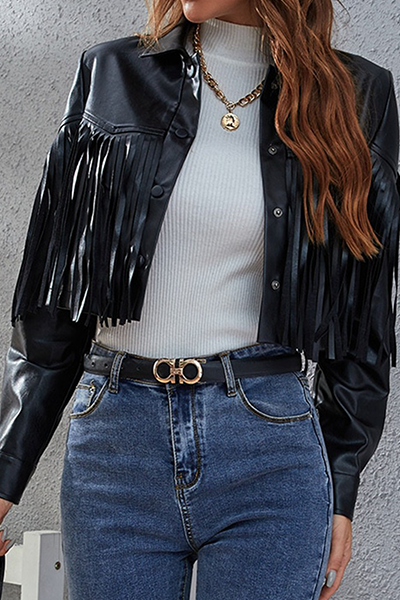 Street Solid Tassel Buckle Turndown Collar Outerwear