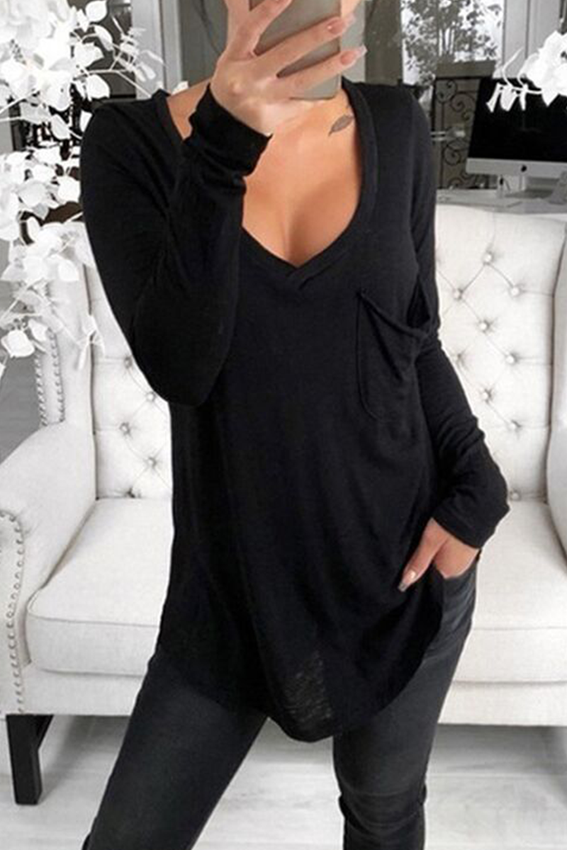 Casual Solid Split Joint Pocket V Neck Tops（6 colors）