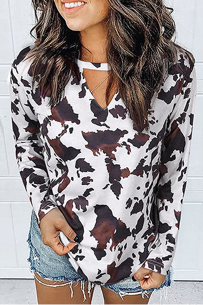 Casual Print Hollowed Out Split Joint V Neck Tops