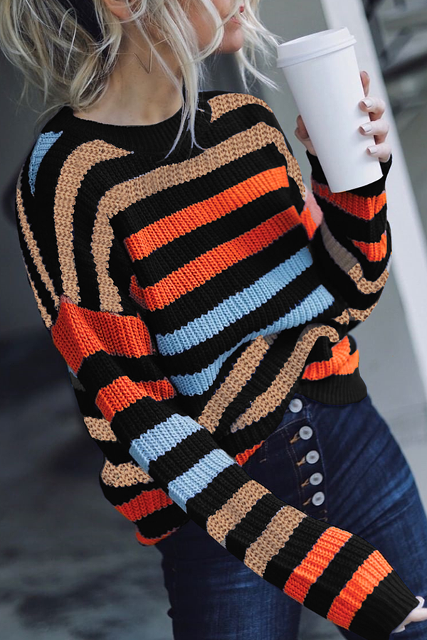 Fashion Casual Striped Basic O Neck Tops Sweater