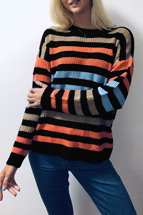 Fashion Casual Striped Basic O Neck Tops Sweater