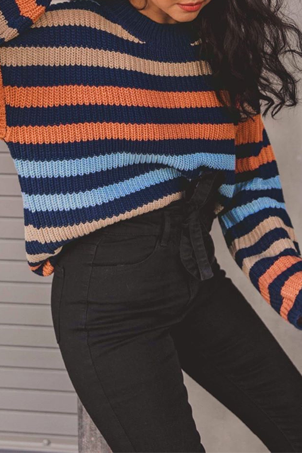 Fashion Casual Striped Basic O Neck Tops Sweater