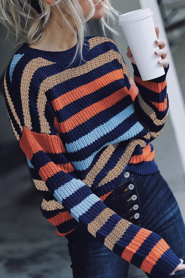 Fashion Casual Striped Basic O Neck Tops Sweater