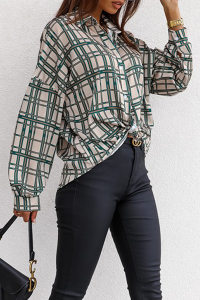 Fashion Elegant Plaid Buckle Turndown Collar Tops