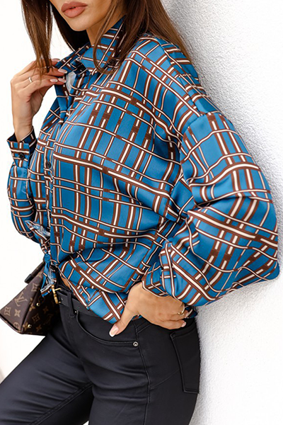 Fashion Elegant Plaid Buckle Turndown Collar Tops